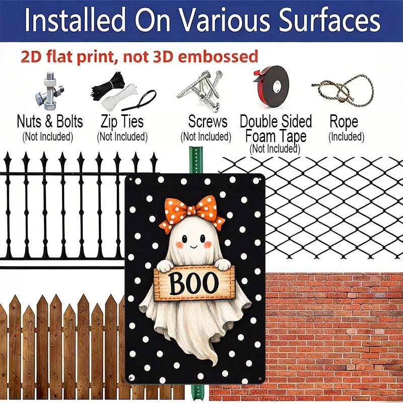2D Flat Cute Ghost Boo Orange Bow Polka Dot Aluminum Metal Sign‑8.0x12.0inch Halloween Wall Decor, Spooky Sweet Ghost Hanging Plaque, Pre‑Drilled