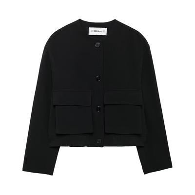 Women Fashion With Pockets Black Single Breasted Bomber Jackets Vintage O-Neck Long Sleeves Female Chic Lady Outfits