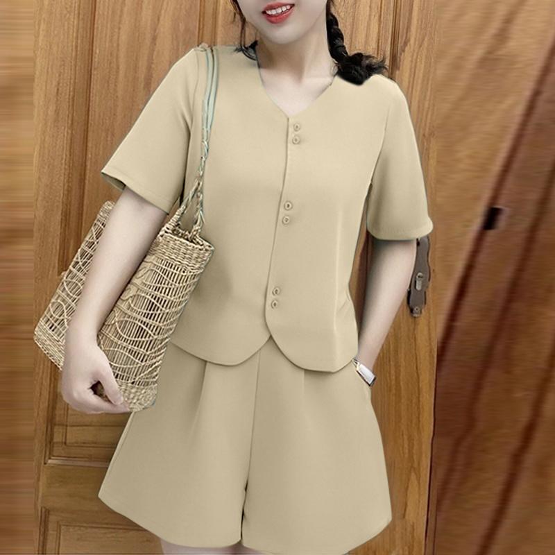 

ZANZEA Женская блузка с коротким рукавом и шорты Повседневный комплект из двух предметов 5XL хаки