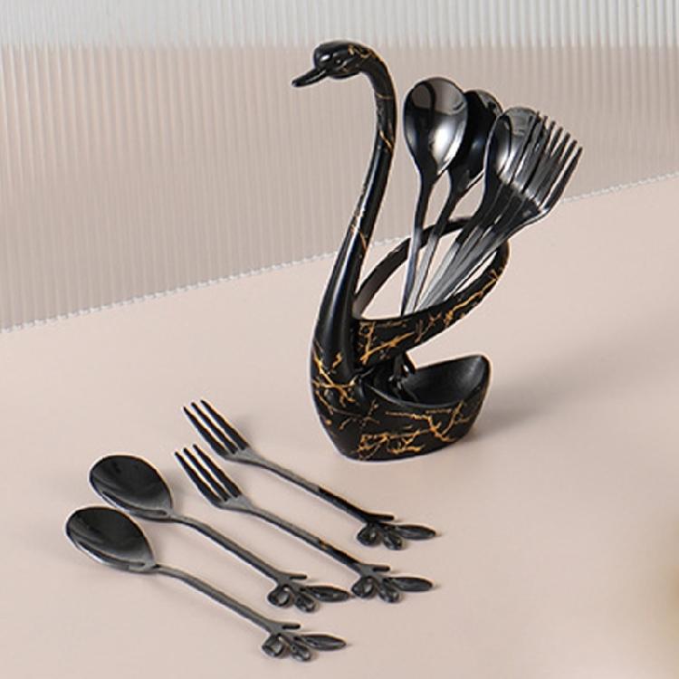 Rustproof Stainless Steel Ice Creams Spoon And Cocktails Fork Pack With Elegant Cygnet Stand Base For Gift