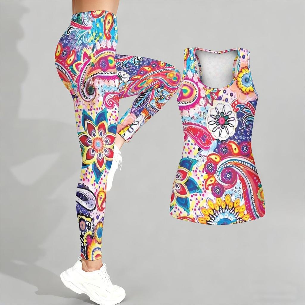 Retro Bedrucktes Yoga-Outfit für Damen Mode Workout Leggings Fitness Sport Freizeit Yoga Set Sportanzug