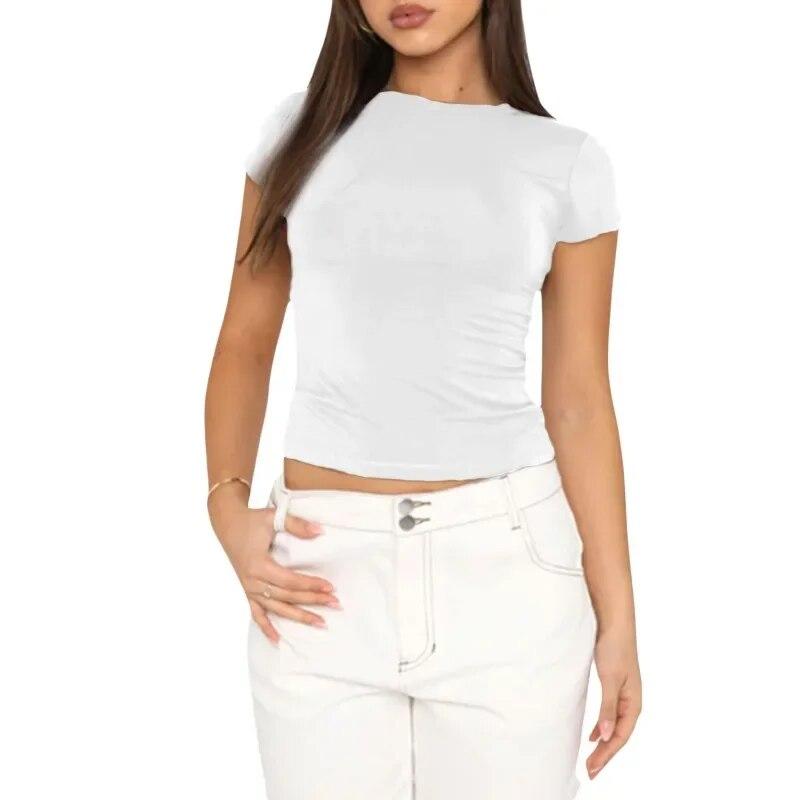 Letní tričko s krátkým rukávem, slim fit, ležérní, dámské topy, módní, jednobarevné, elegantní dámská trička, streetwear, s kulatým výstřihem, základní tričko 30423