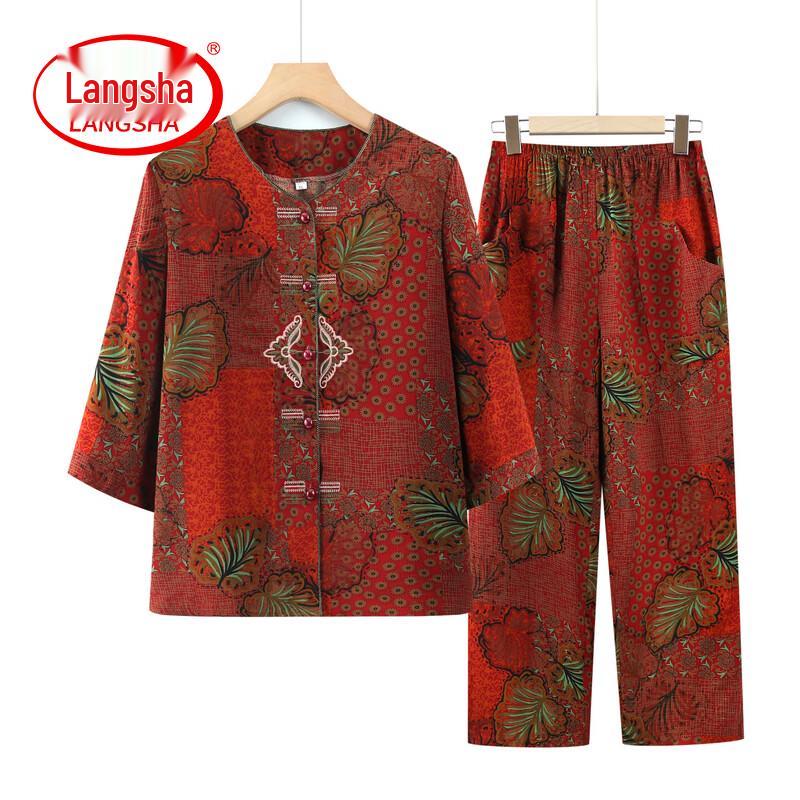 LangSha Women s Elderly Summer Pure Cotton Two-Piece Set 3XL
