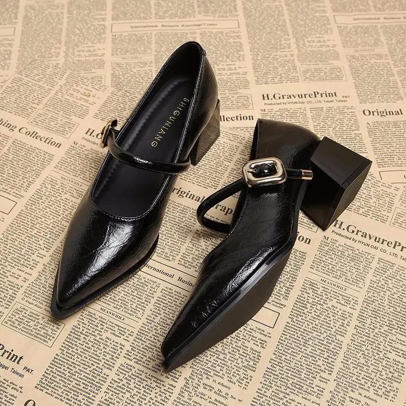 Fashion 2025 Spring Style Pointed Toe Square Heel Versatile Style Single Shoes Women's Shoes Medium Professional Buckle Dress High Heels