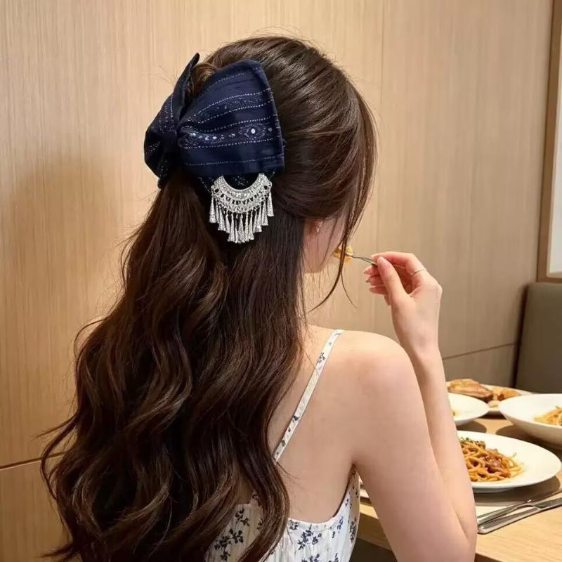 1Pcs Navy Blue Soft Fabric Ethnic Hair Claw Clip Silver Tassel Secure Grip For Daily Wear Ethnic Outfit Matching