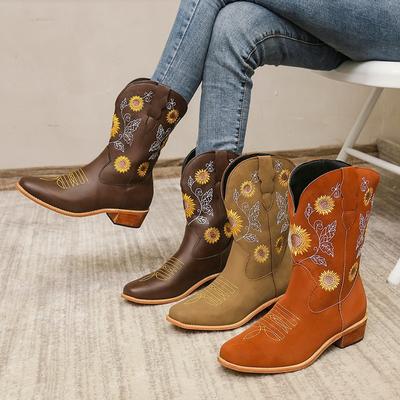 Chaussures d'automne et d'hiver pour femmes grandes tailles Bottes mi-mollet pour femmes européennes et américaines Talon épais Manchon Brodé Bottes pour femmes