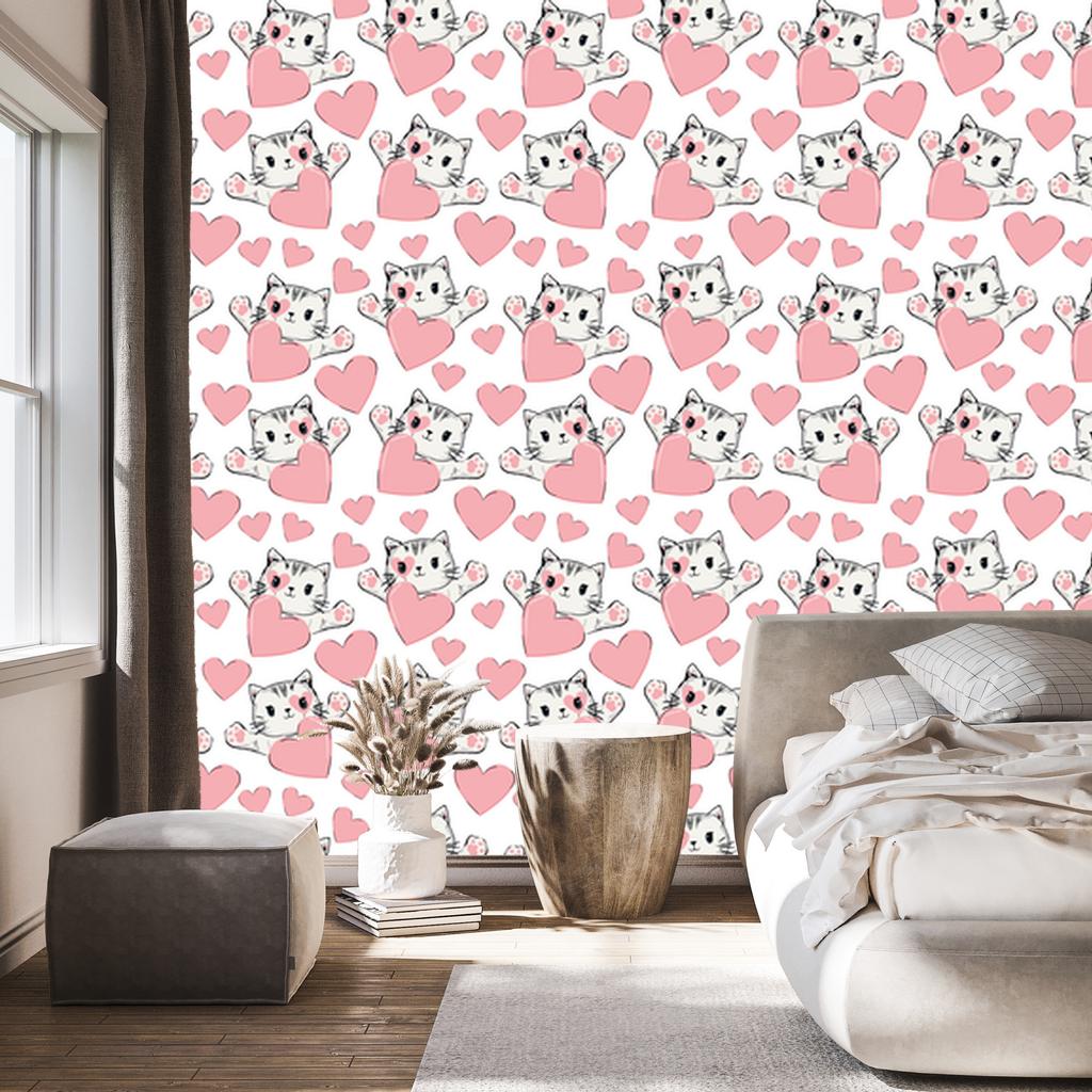 Little kittens and hearts wallpaper for living room and bedroom 50x1000