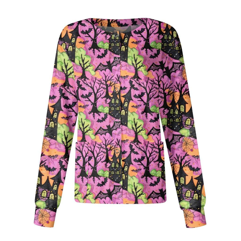 Women Long Sleeve Pattern Pocket Working Stand-up Collar Single-breasted Protective Overalls Cardigan Jacket Top