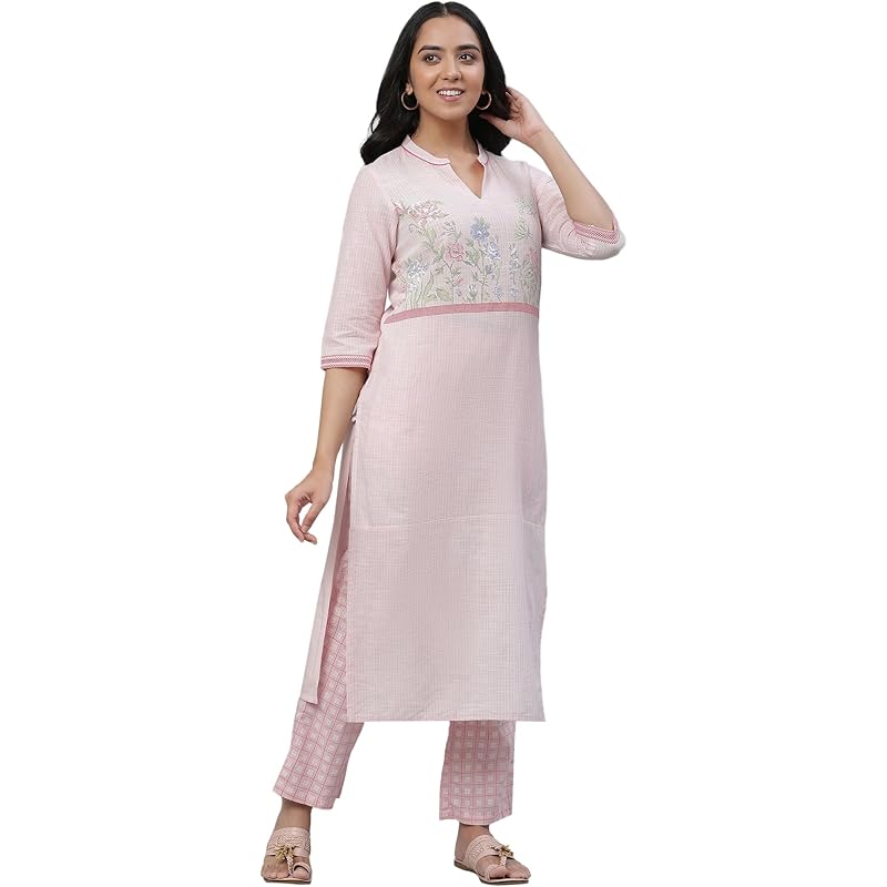 Aurelia Pink Floral Printed Printed Cotton Straight Long Kurta