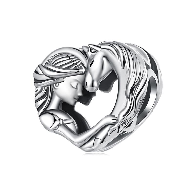 WOSTU Solid 925 Silver Lovely Girl & Horse Charm Heart Guardian Pendant Fit DIY Bracelet Necklace Heart Jewelry Series