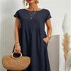 Women's Elegant Solid Color Dress Summer Short Sleeve O-Neck Vintage Harajuku Cotton Linen Comfortable Loose Pocket Long Dress