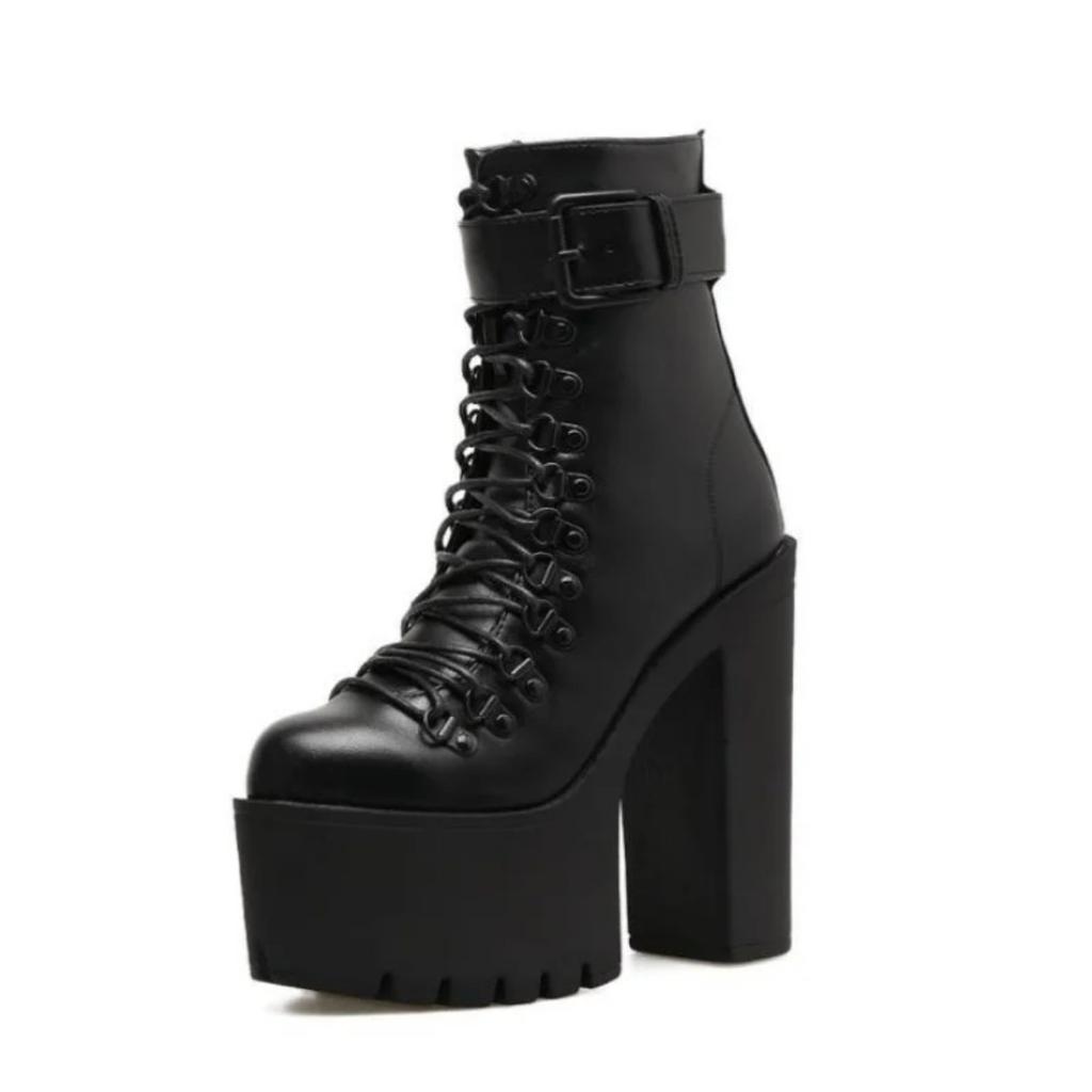 Fashion Motorcycle Boots Women Leather Spring Autumn Metal Buckle High Heels Shoes Zipper Black Ankle Boots Woman Lacing