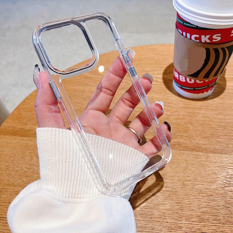 Simplicity Phone Case for iPhone 15 14 13 12 11 Pro Max Plus Acrylic Hard Bumper Transparent Back Cover with Silver Button