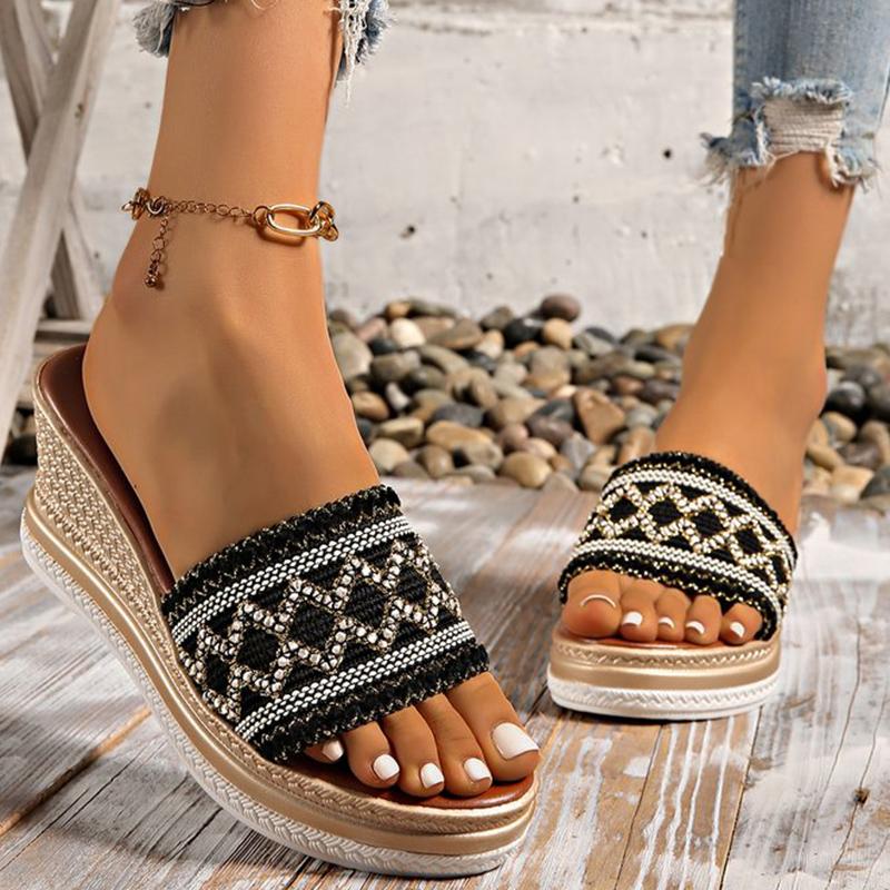 

Fashion Summer Patchwork Wedges Slippers for Women Bohemian Open Toe Beach Women\ s Slippers Non-Slip Plus Size Slides for Woman 43 чёрный