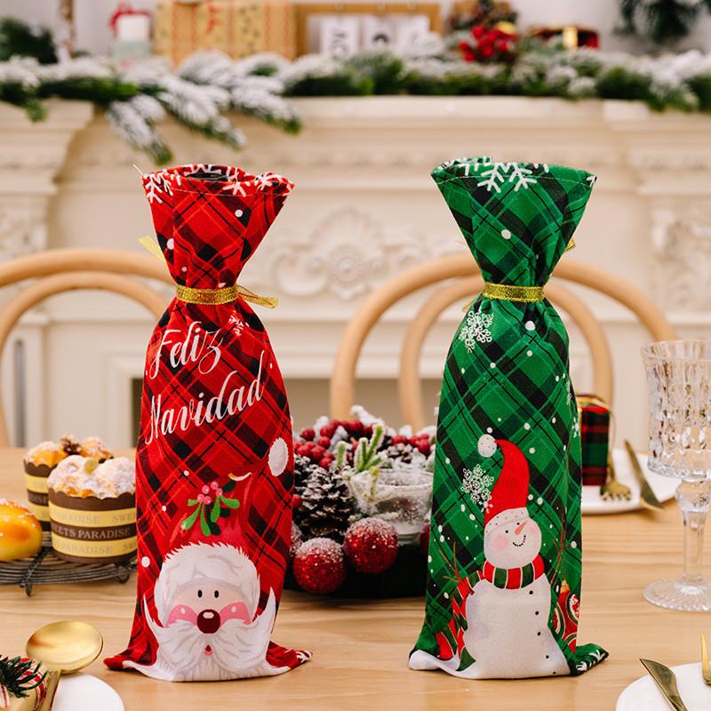 Festive Red Green Checkered Snowman Wine Bottle Cover Perfect For Decor Christmas
