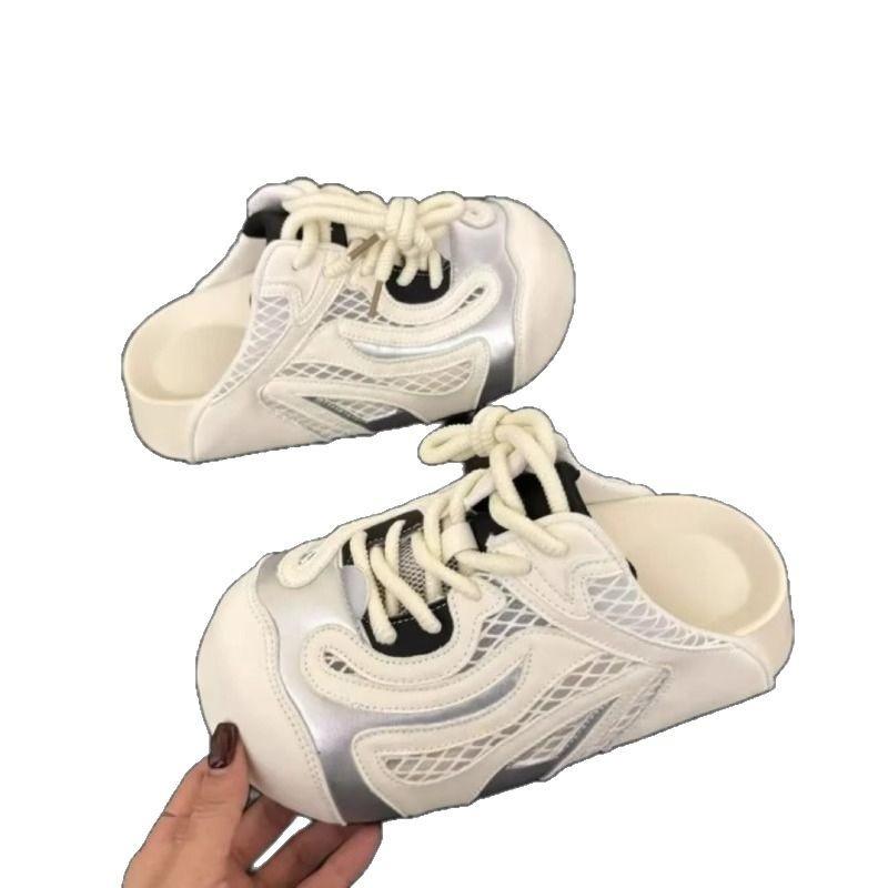 2025 Summer Fashion Thick Bottom Small Man Height Breathable Mesh Color Matching Casual Style Outside Wear Bag Head Women's Slippers Tide