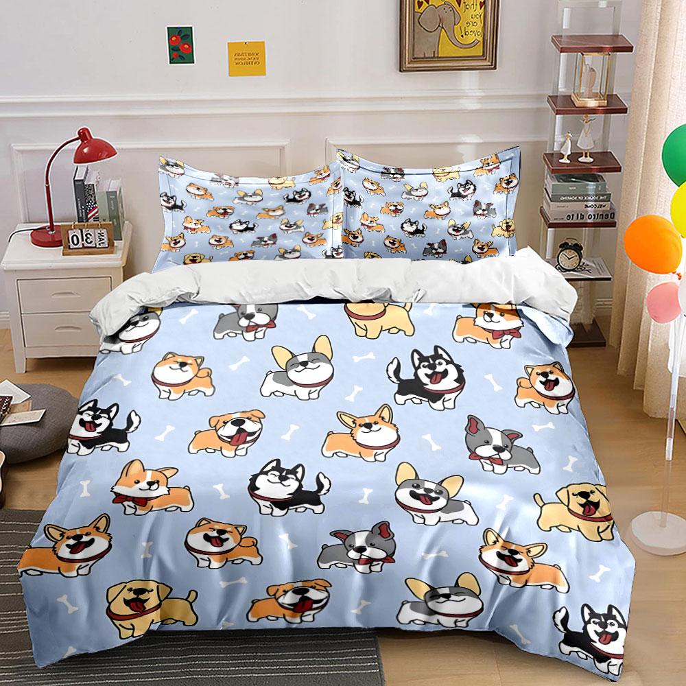 3pcs Cartoon dogs with bone Pattern Duvet Cover Set Digital Print Colorful Polyester Bedding with Zipper Closur for kids gifts