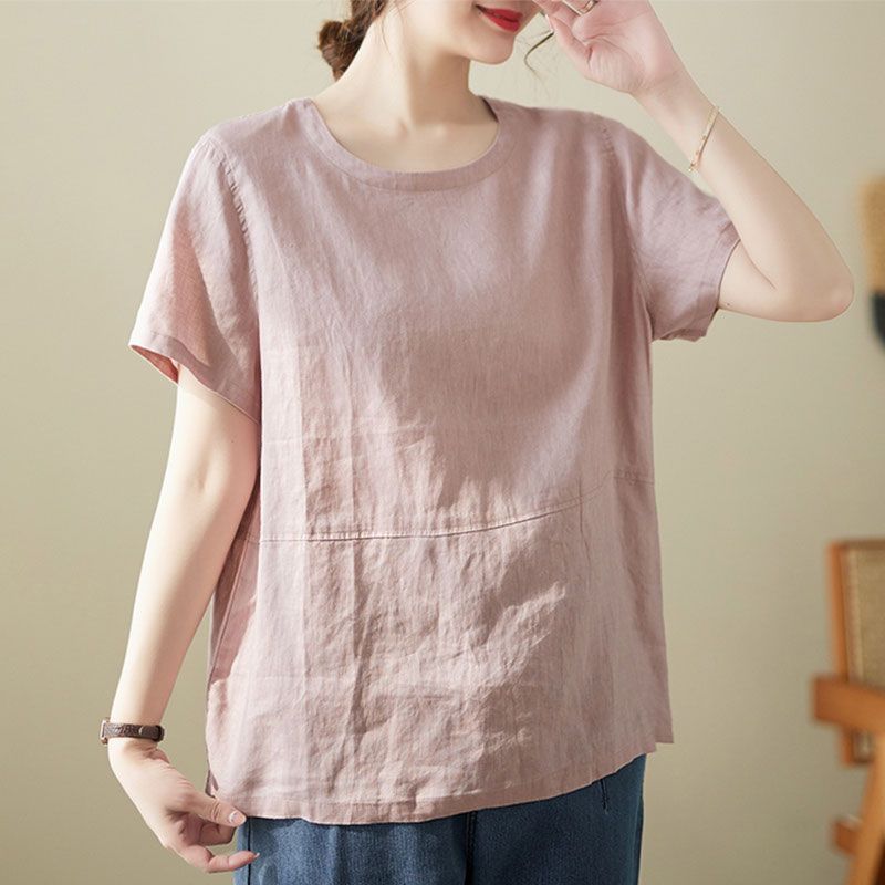 New Cotton and Linen Short Sleeved T-shirt for Women High-end Cotton and Linen Loose Fitting Belly Covering Cotton and Linen Top