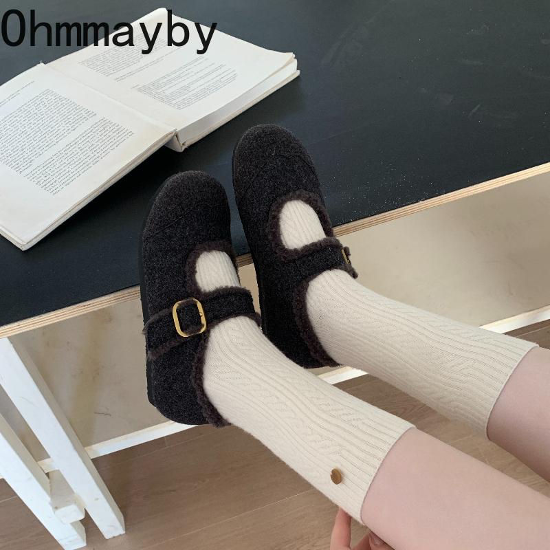 Autumn Winter Vintage Women Fur Lining Mary Jane Shoes Concise Soft Sole Flats Shoes Ladies Comfort Warm Short Plush Snow Shoes