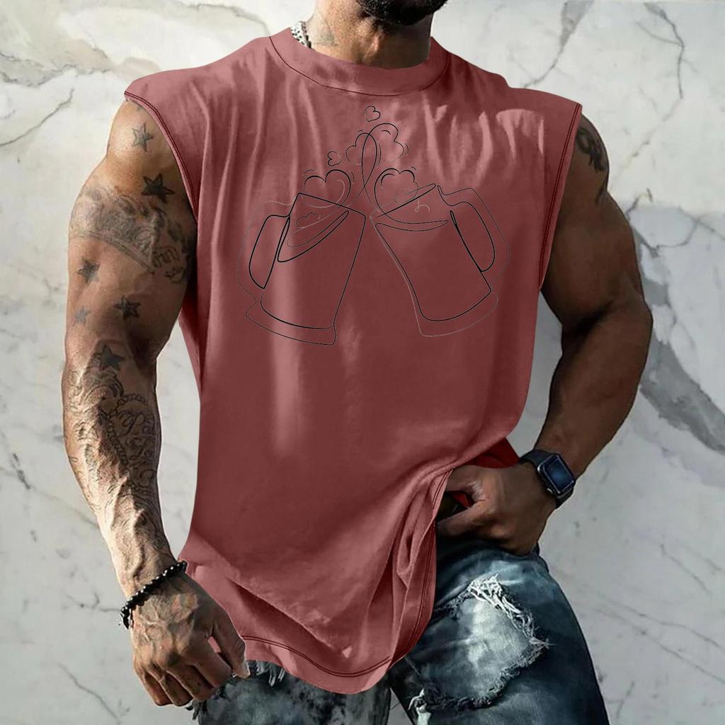 Men's Casual Loose Fit Sleeveless Tank Top with Beer Festival Style Graphic Print Streetwear Athletic Summer Muscle Shirt