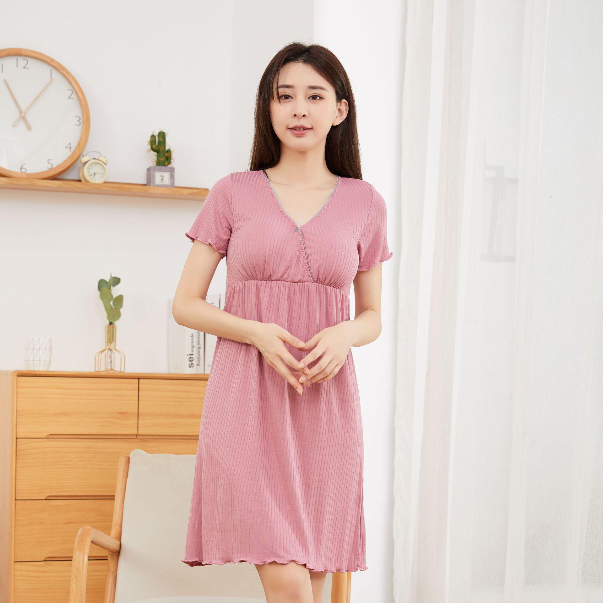 

New Summer V-Neck Ribbed Modal Maternity Dress - Solid Color & Short-Sleeve for Nursing XXXL
