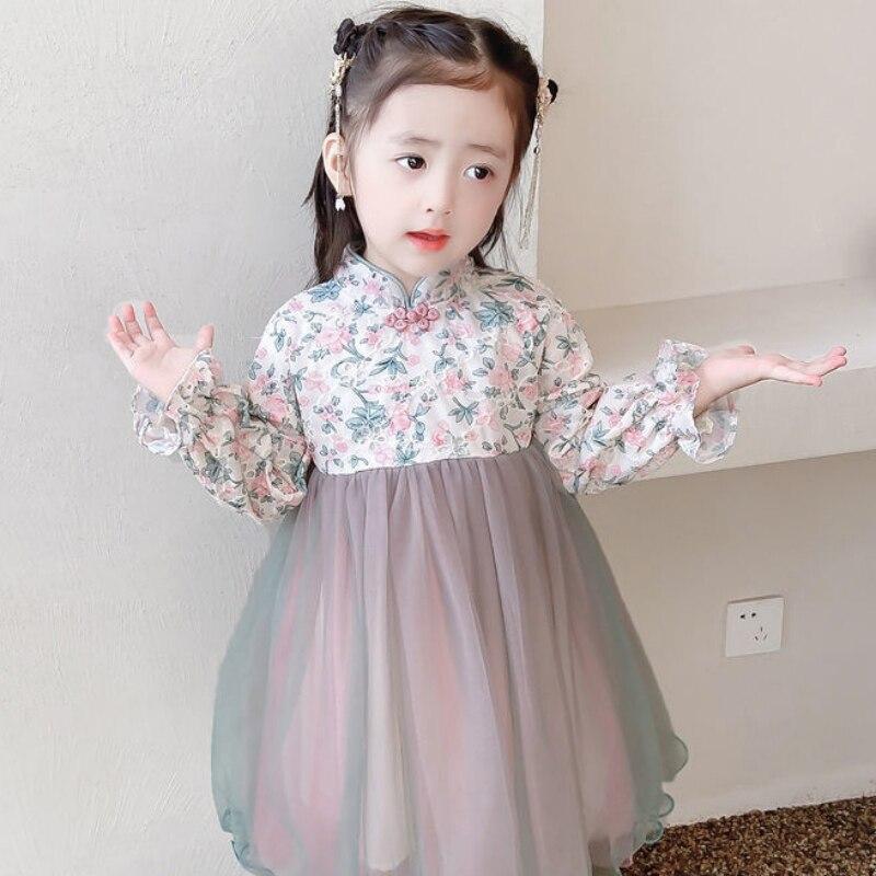 Mädchenkleid im chinesischen Stil mit Blumenmuster, Netzstoff, bauschiges Kleid, Patchwork-Kleid