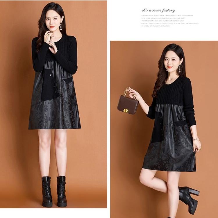 Autumn Winter Women's Sweater Dress Knitted Patchwork PU Leather A-Line Dress Plus Size Knitted Dress