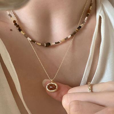 Niş Retro Kaplan Gözü Taşı Boncuklu Katmanlı Kolye Kadın Maillard Eşsiz Kişilik Moda Çok Yönlü Boyun Zinciri Kazak Zinciri
