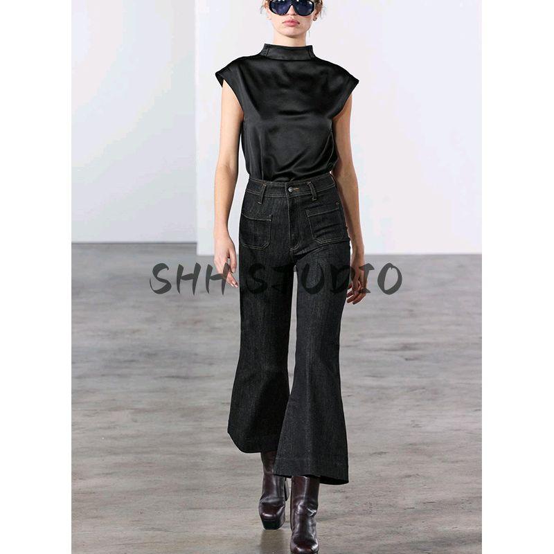 Spring New Women's Clothing Commute Style Metal Button Cotton Blend High Waist Wide Leg Denim 9632259