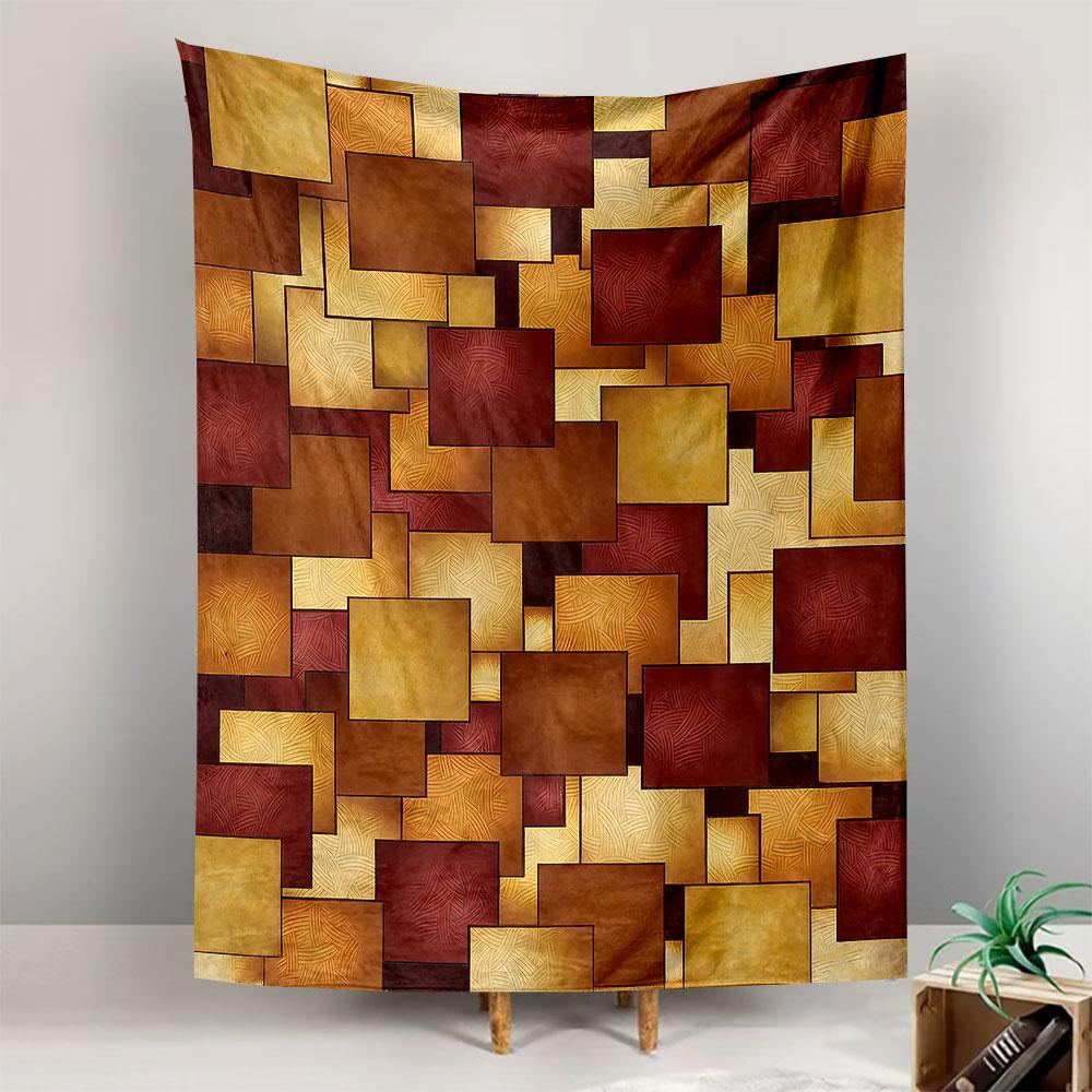 Abstract Wall Tapestry Geometric Mosaic Squares Gold Amber Burgundy Art Deco Embossed Blocks Pattern Decor for Living Room Bedroom