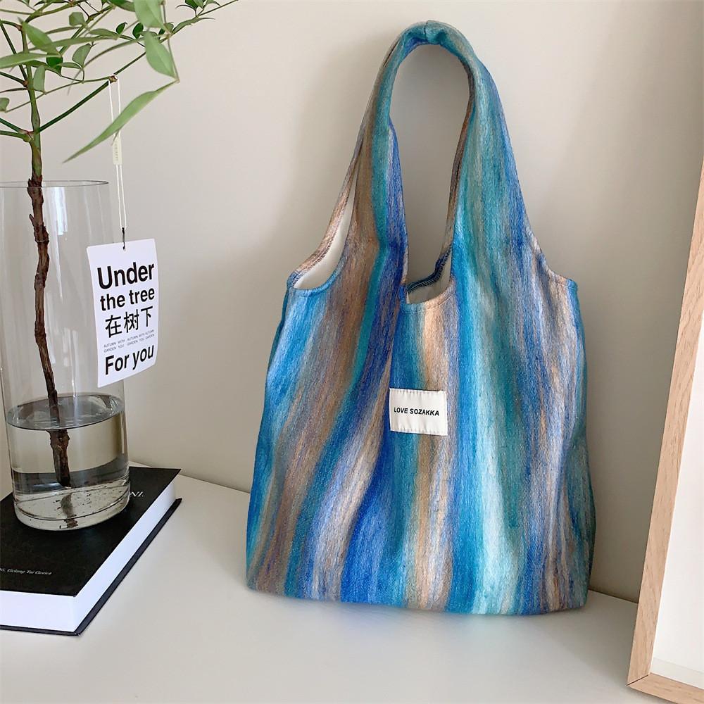 Stylish Woolen Striped Shoulder Tote Bag Trendy Canvas Bag For Students And Shopping