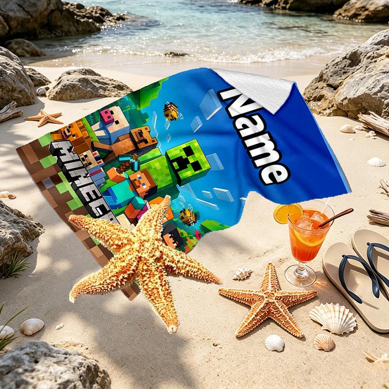 Custom Name Personalized Minecraft Print Beach Towel, for Trip Camping Beach Party Home Decor, Birthday Gift for Family & Friends