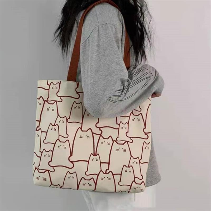 

Cute Cat Printed Shoulder Bag Women Open Handbag Student Commuter Large Capacity Canvas Bag Leisure Travel Foldable Shopping Bag 34x38x34cm белый