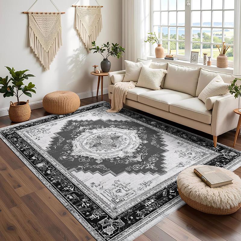 RAKKS Black Grey Mandala Velvet Large Area Rugs,Stain Resistant Anti Slip Backing for Living Room,Bedroom,Vintage Home Decor