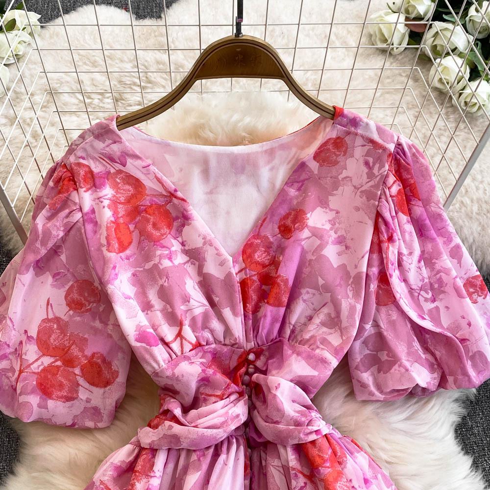 V-neck Puffed Sleeves Cinched Waist Dress Slimming Women's Dress Knee-length Slit Printed Dress