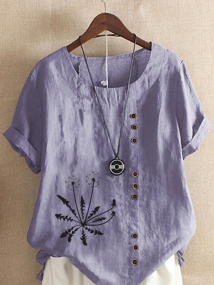 Women's Fashion Black Dandelion Print Shot Sleeve T-shirt Loose Cotton Shirt Casual Loose Summer Blouse Tops Plus Size