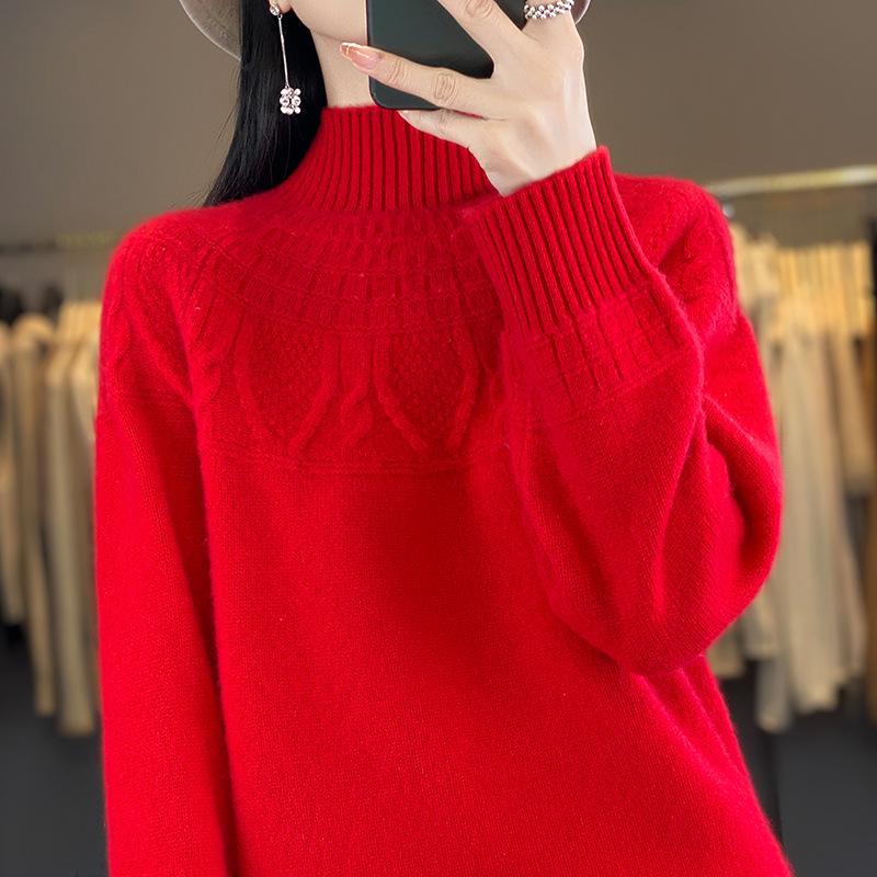 Women's Cashmere Sweater, 100% Wool, Semi-High Neck, Loose Fit, Perfect for Autumn and Winter.