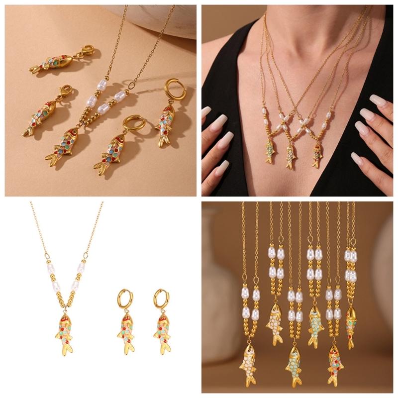 Elegant Pearls Fish Pendant Necklace In Silver Or Gold For Daily Wear And Gift Giving