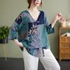 2022 Summer V-Neck Asymmetrical Cotton Linen Shirt - Printed, Plus Size, Mid-Length Sleeves, Retro Women's Fashion