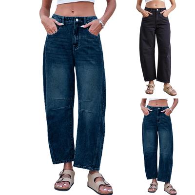 Damen Jeans mit hoher Taille und gewaschener Optik, modische, vielseitige Hose mit geradem Bein