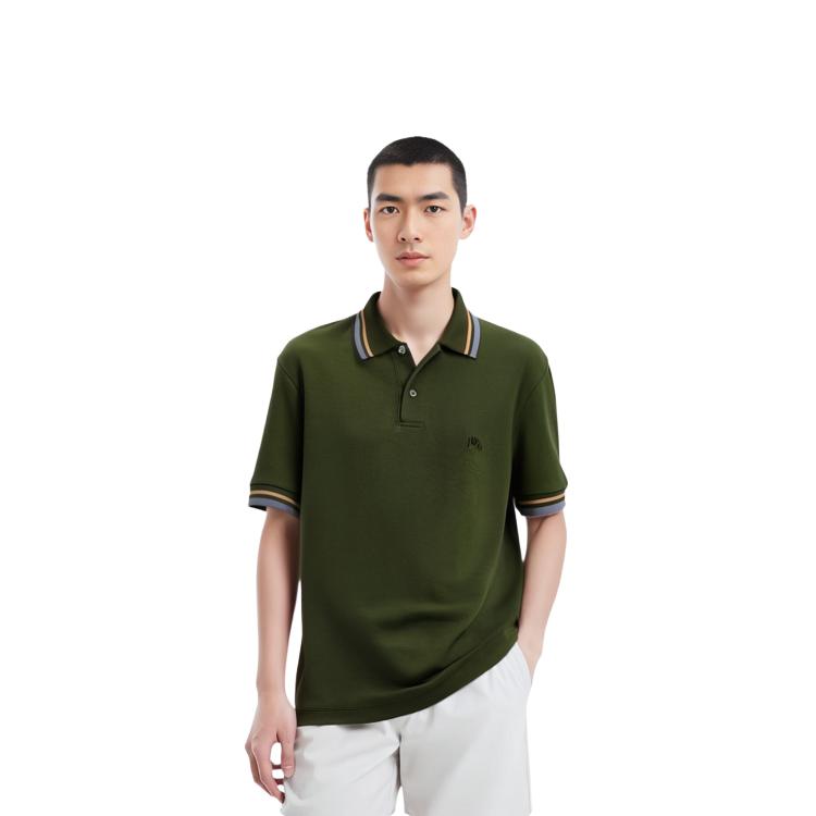 Uniqlo Solid Color Striped Trim Short Sleeve Polo Shirt Men Tops Dark-Olive-Green 458078-57