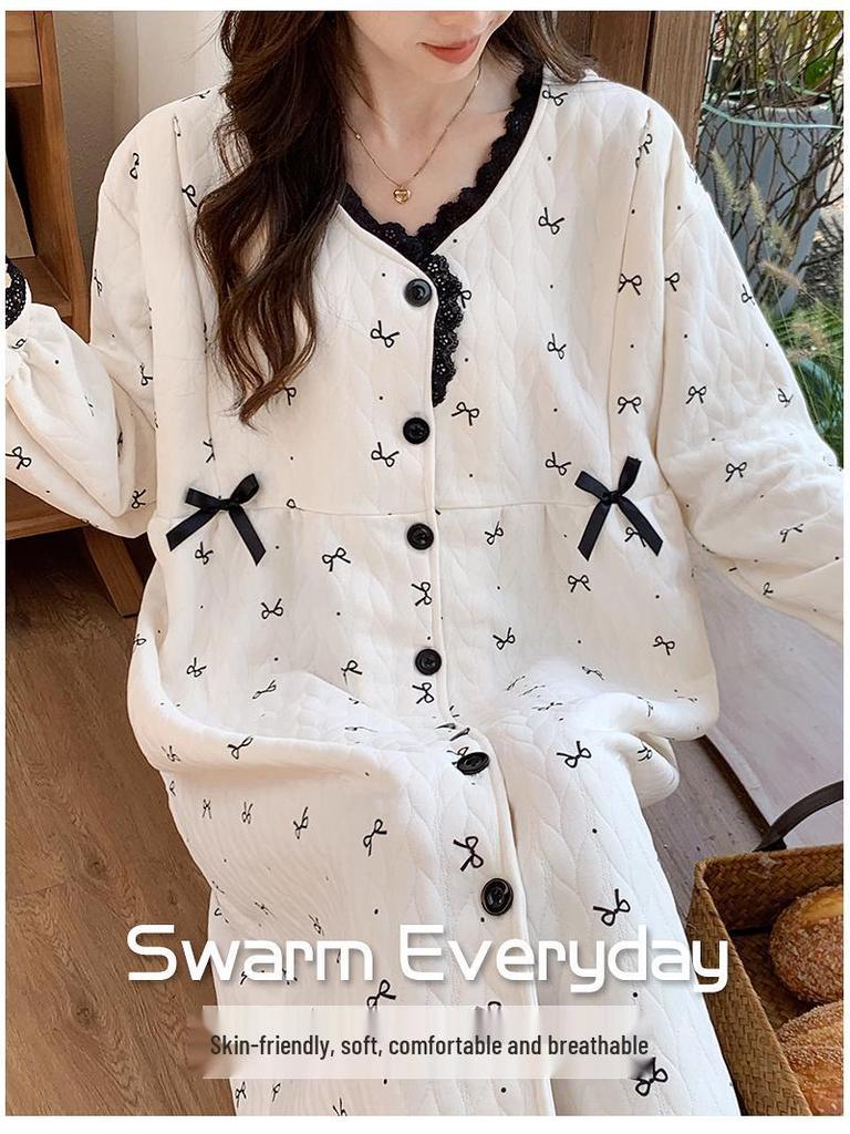 Umstandspajamakleid aus Luftbaumwolle für Herbst/Winter - Übergröße für pränatale, Krankenhaus- und postpartale/Stillzeit-Nutzung
