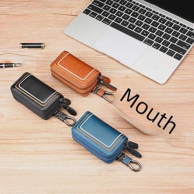 Women's Double-Layer Zipper Leather Key Pouch - Fashionable Embroidered Cowhide Car Key Cover