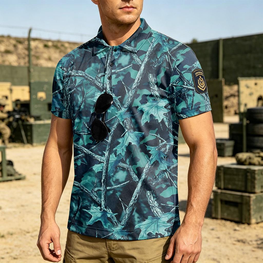 Men's Tactical Short Sleeve Polo Shirt Loose Fit Breathable Outdoor Quick Dry Camouflage Print with Magic Tape Patch Area
