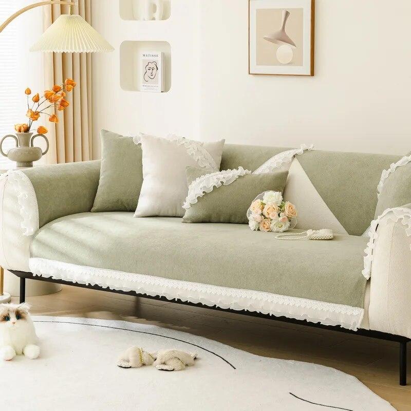 Nordic Solid Color Lace Skirt Sofa Cushion Four Seasons Universal Non-slip Leather Sofa Cover Chenille Back Cushion Cover Cloth