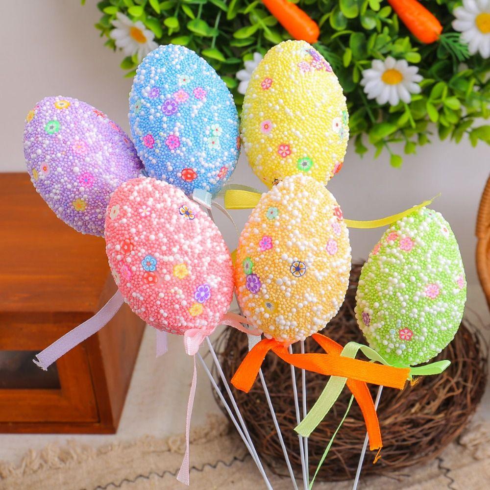 6pcs Foam Artificial Easter Eggs Stem DIY Crafts Simulation Egg Ornament  Happy Easter Decorations