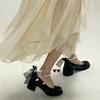 Thick Heel Single Shoes Women's Style with Skirt Summer Mary Jane Small Leather Shoes Ribbon Pearl Bow High Heels