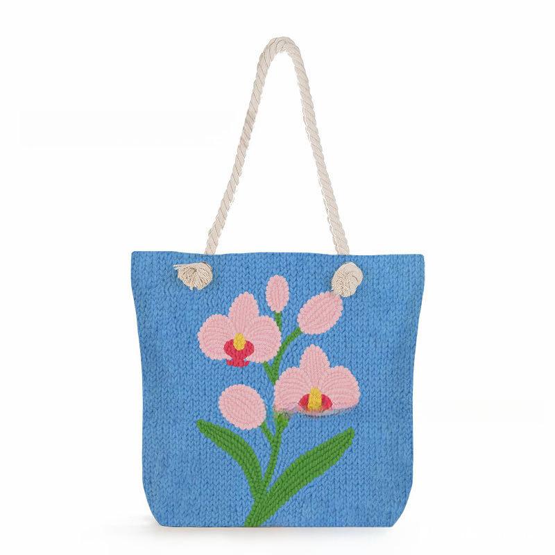 Woolen yarn flowers print thick rope single-shoulder beach bag 7361 KTB