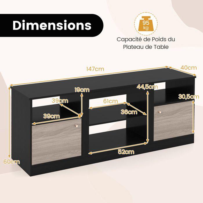 COSTWAY 65" Mobile TV LED e 2 Armadi, Scomparti Aperti, Porta Magnetica, Design Moderno per Soggiorno, 147 x 40 x 60 cm