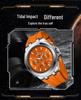 Men's Quartz Watch with Silicone Band, Multifunctional Design, Three Subdials, Six Hands, and Calendar.